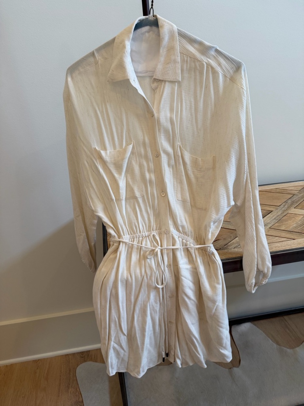 Blue Life Cream Button-Front shirt Dress with tie